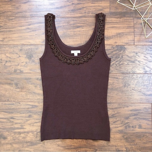 Cache • brown beaded sweater tank knit ribbed embellished lace crochet scoop - Picture 1 of 6